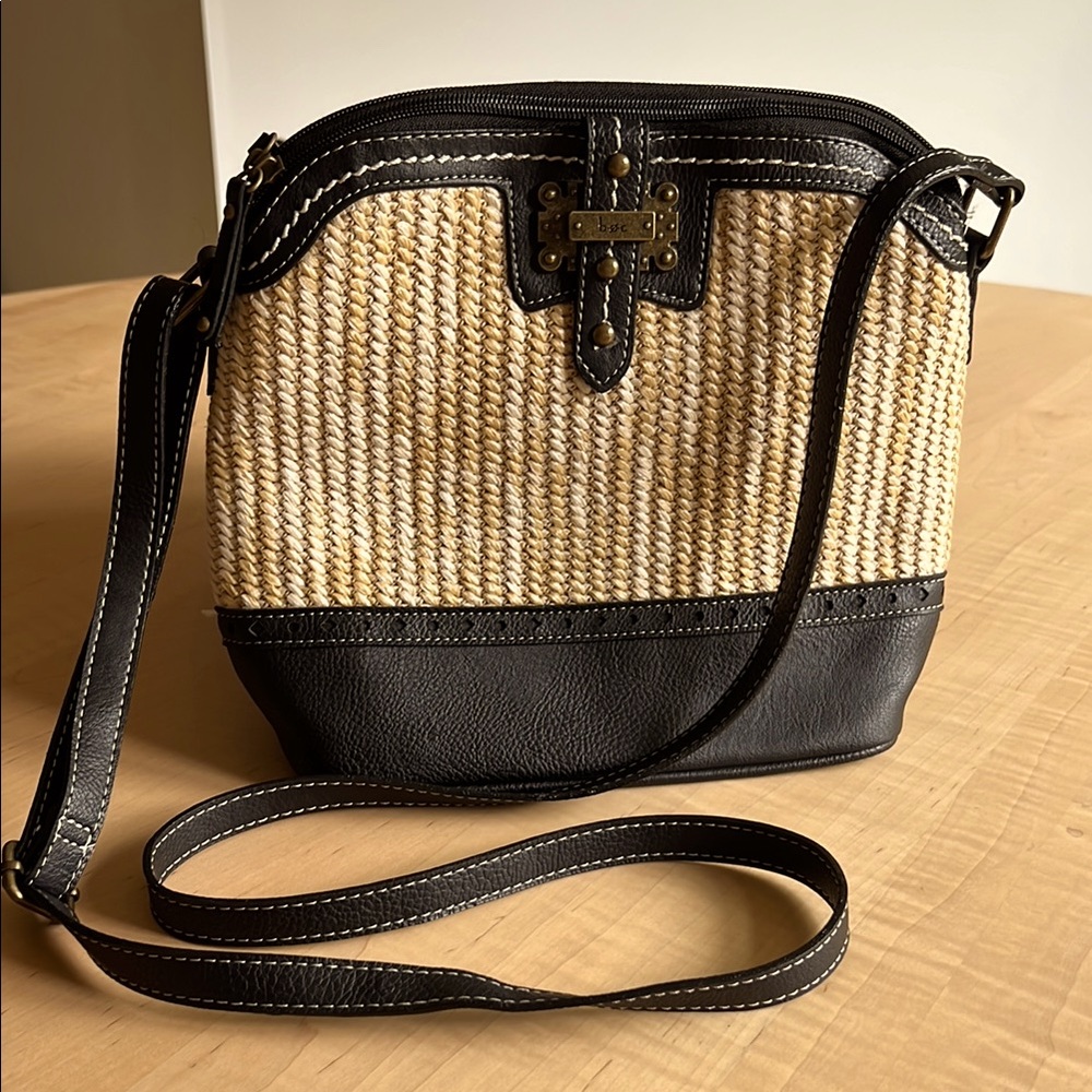 BORN CONCEPT Crossbody Purse Straw/Raffia Woven Handbag Faux Leather Trim